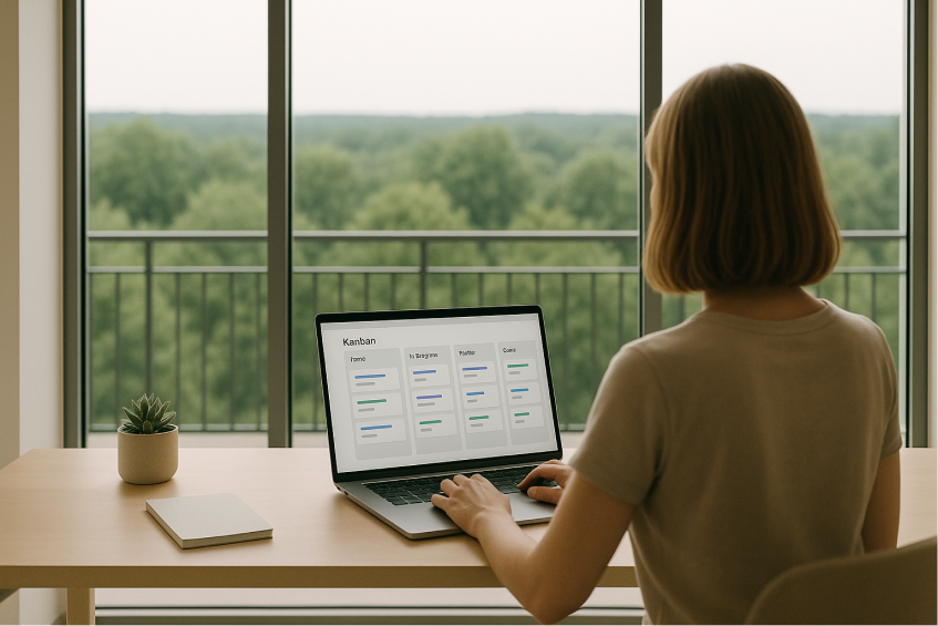 Focused female project manager typing on a laptop